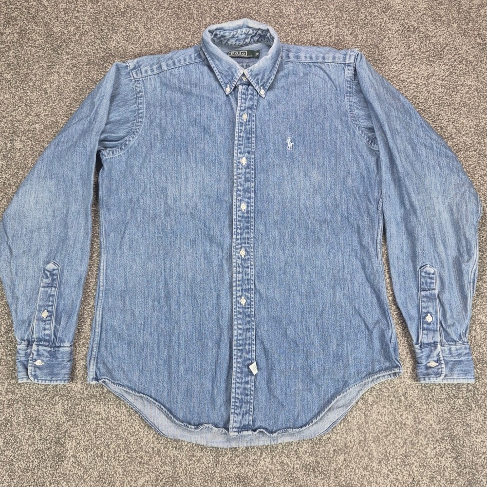Vintage Polo Ralph Lauren Denim Shirt Mens Small Button Down Pony 80s Green Tag